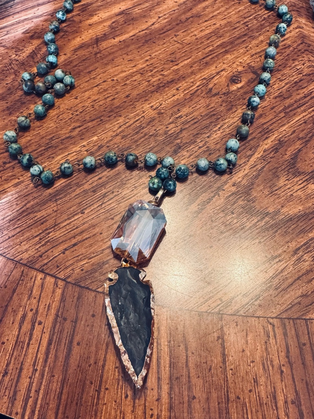 Handmade Green Beaded Necklace with Crystal and Arrowhead Pendant